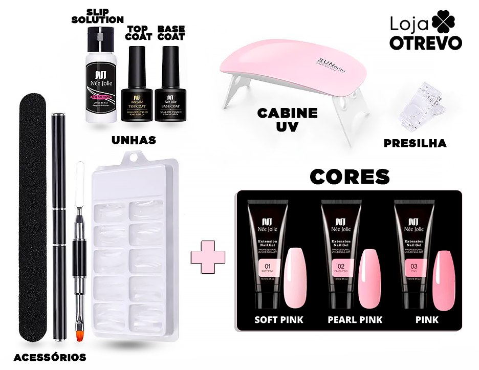 LuxGel - Née Jolie Alongamento Fácil de Unhas (Kit Completo ORIGINAL) + BRINDE CABINE DE LUZ UV PARA SECAGEM DO GEL - 50% OFF