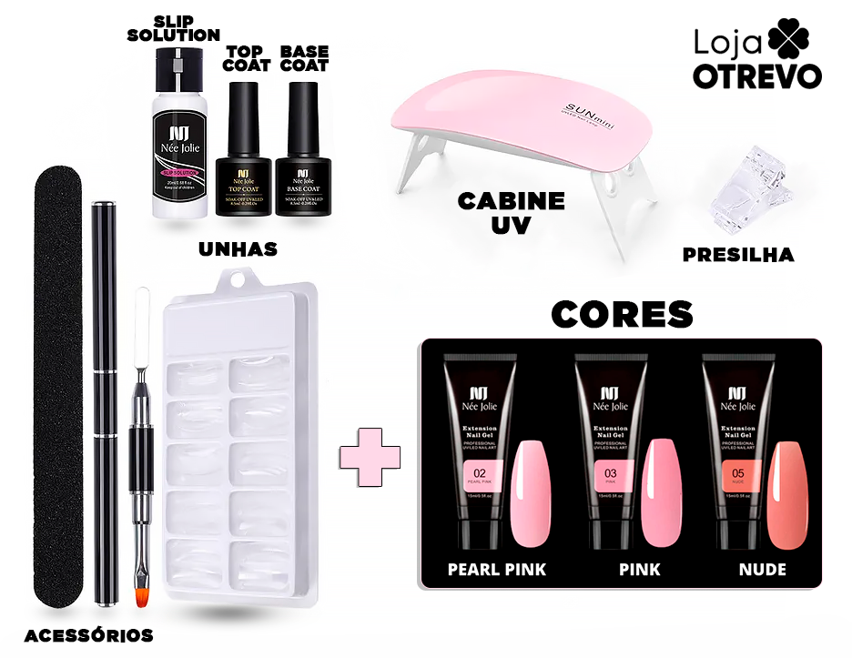 LuxGel - Née Jolie Alongamento Fácil de Unhas (Kit Completo ORIGINAL) + BRINDE CABINE DE LUZ UV PARA SECAGEM DO GEL - 50% OFF