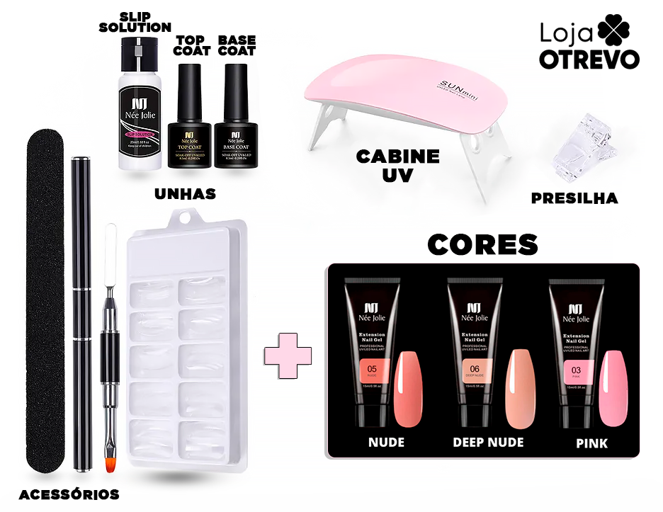 LuxGel - Née Jolie Alongamento Fácil de Unhas (Kit Completo ORIGINAL) + BRINDE CABINE DE LUZ UV PARA SECAGEM DO GEL - 50% OFF